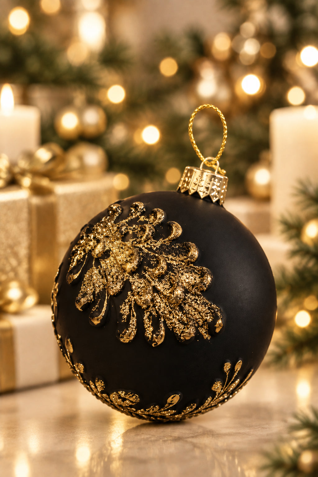 4.25 inch black with gold glittered pine spring round glass orn